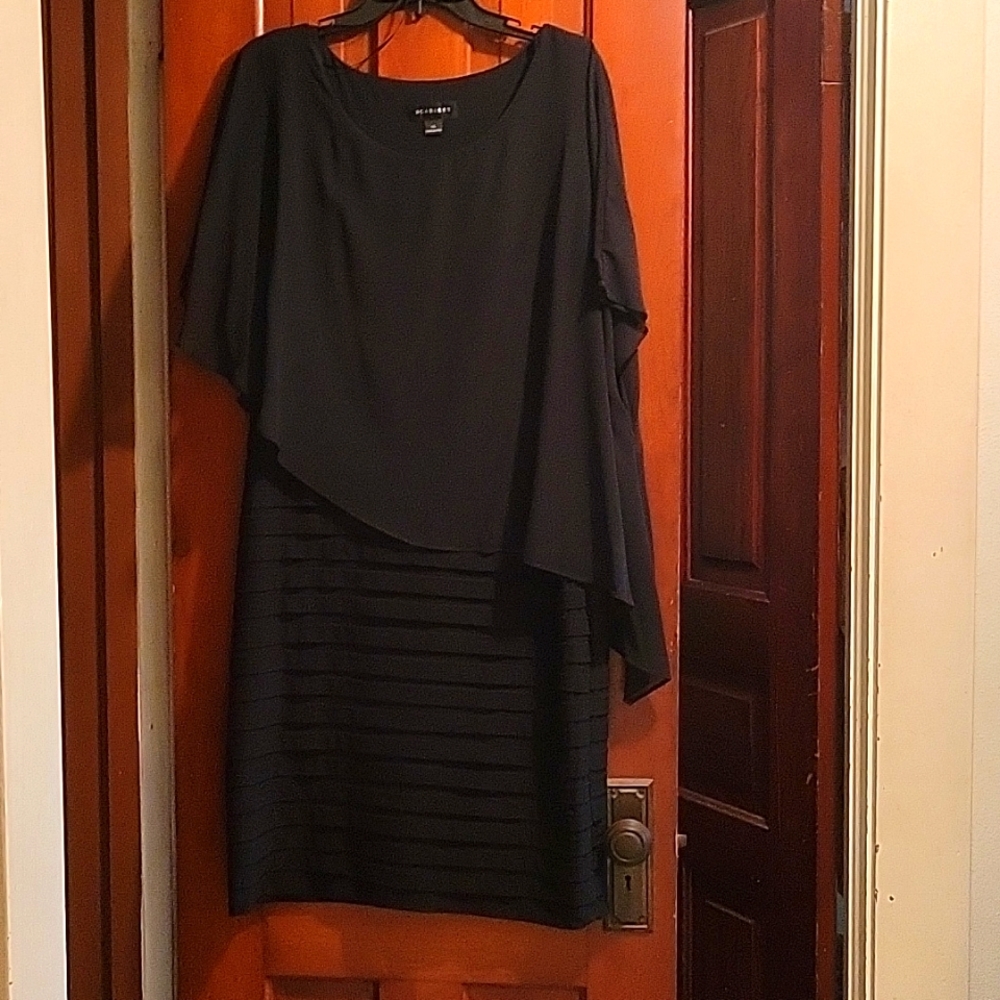 Scarlett Black Dress with sewed on sheer black asymmetrical shawl size 14